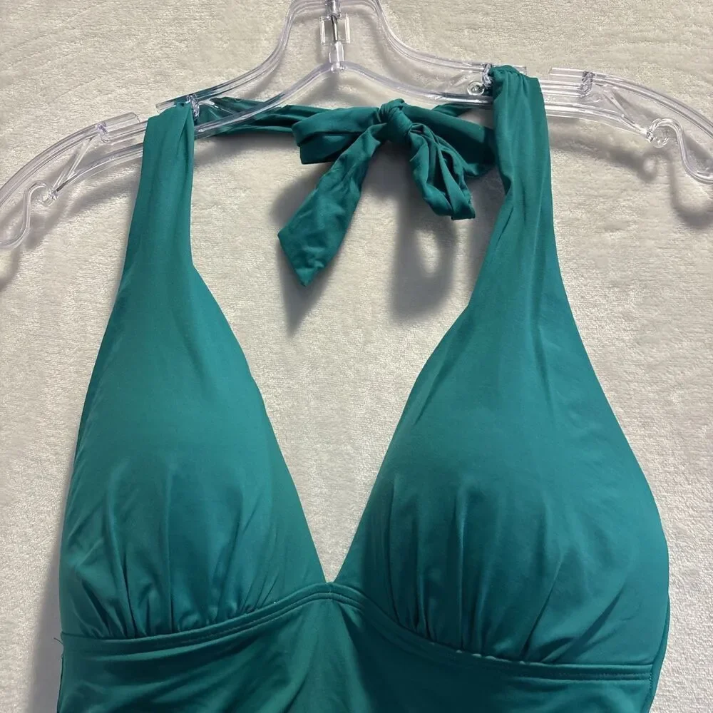 Lauren Ralph Lauren Women's Halter One-Piece Swimsuit Green Size 8 Ruched Beach